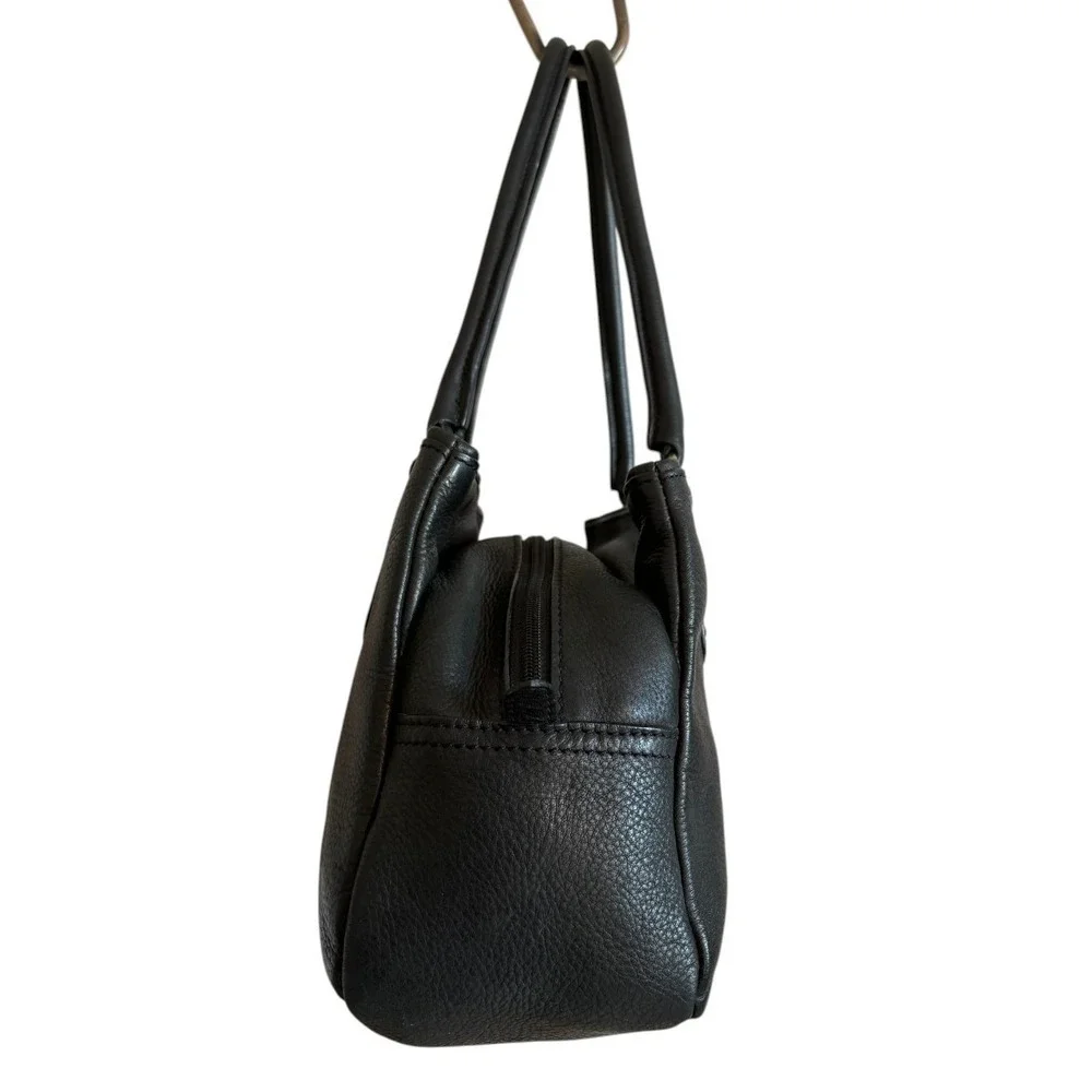 Y2K Fossil Black Pebbled Leather Triple Compartment Shoulder Bag Satchel Brass